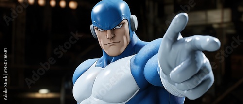 Iconic Blue Hero in Dynamic Pose With Intense Expression