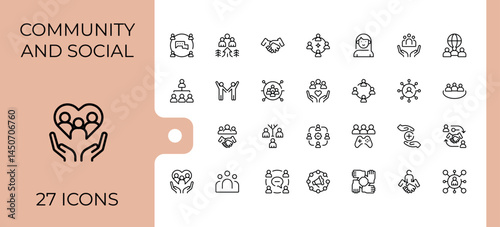 Community And Social icon set. Trendy minimal icons. Editable vector stroke. Charity icon set. Containing people, friend, network, social, relationship, community, hand and more.