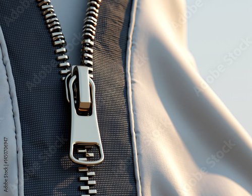 Close-up of leather zipper with shiny metal pull tab and fabric texture.
