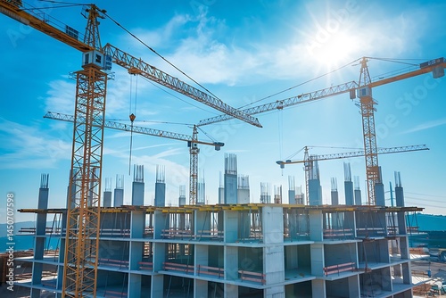 City Building Construction Site with Big Cranes & Blue Sky Background