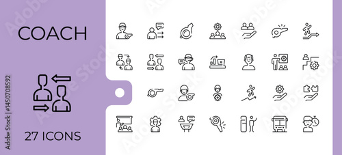 Coach icon collection. Advice modern icon set. Thin line icons set. Contain linear symbols lead, advice, trainer, expert, man, train and more. Editable stroke. Vector collection.
