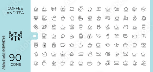 Coffee And Tea simple icon set. Beverage modern icon set. Thin UI icons. Contains such symbols as breakfast, cafes, beverage, drink and more. Vector illustration. Pixel perfect.
