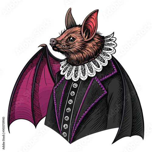 A gothic-styled bat, adorned in a noble's outfit complete with a delicate lace collar and a brooding expression.  High detail, dramatic lighting.
