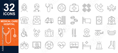Set of Healthcare and Medical Related Line Icons. Outline Symbol Collection editable strokes, flat vector ilustration