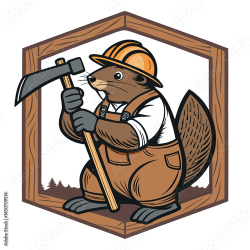 A meticulously detailed illustration of a beaver wearing carpenter's overalls and a jaunty hat, expertly wielding medieval woodworking tools.