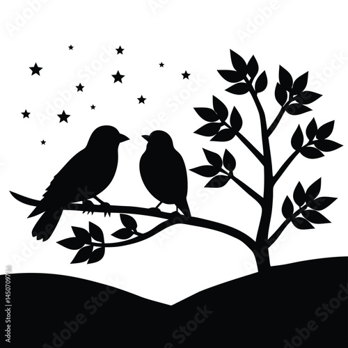 two birds on a tree branch silhouetted vector art illustration