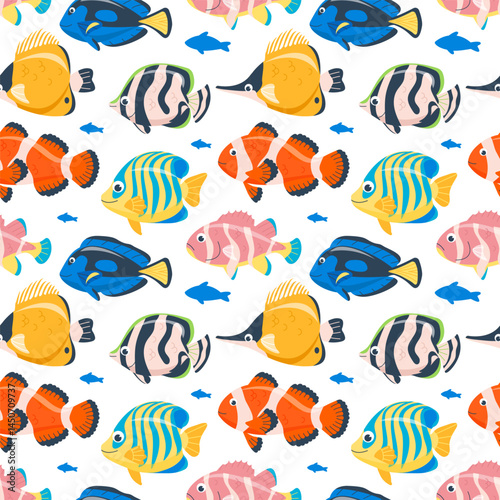 Cartoon clownfish and angelfish seamless pattern. Fish seamless pattern. Background with cute funny sea fish  for fabric or wrapping paper print. Vector cartoon flat illustration. Coral reef dweller.