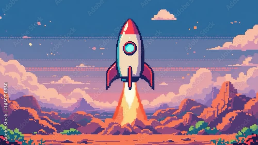 Colorful pixel art rocket launch into sunrise landscape