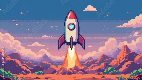 Colorful pixel art rocket launch into sunrise landscape