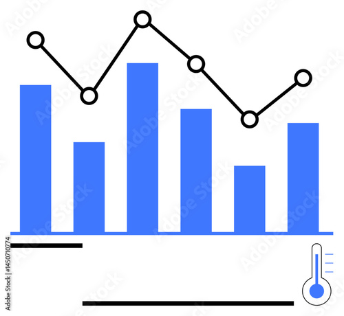 Bar chart with fluctuating line graph above and a thermometer icon in the corner indicating temperature. Ideal for data analysis, statistics, business trends, monitoring, visualization, climate
