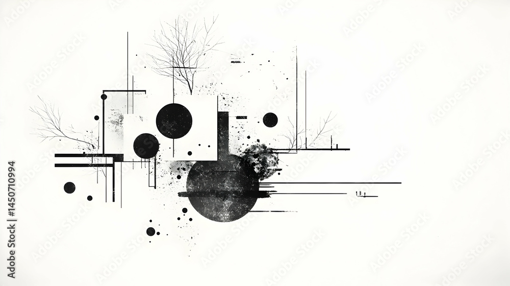 Obraz premium Abstract monochrome artwork featuring geometric shapes, splatters, and tree-like forms