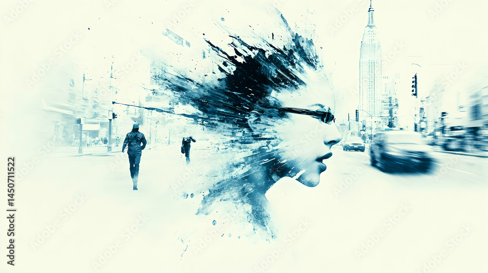 Obraz premium Abstract portrait dissolving into a city street scene, showing motion blur and a monochromatic color scheme