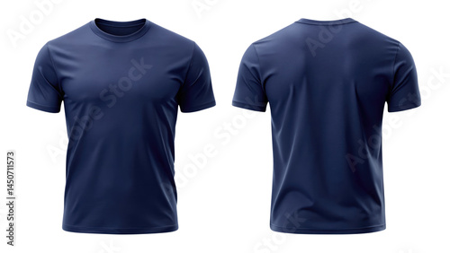 navy blue t shirt round neck front and back side template isolated on transparent white background, clipping path
