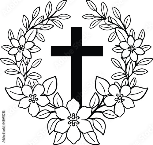 Cross Floral Silhouette Vector ,cross with flowers