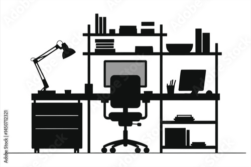 Vector Silhouette of a Modular workstation with desk, chair, and shelves./A clean, minimalist silhouette of a home or office workspace.