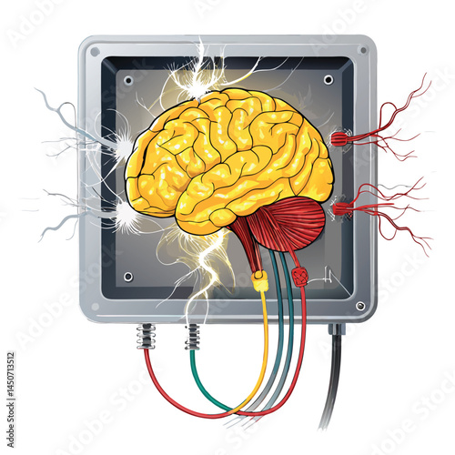 A futuristic, bio-cybernetic brain, intricately wired and sparking, housed within a transparent, pulsating orb.