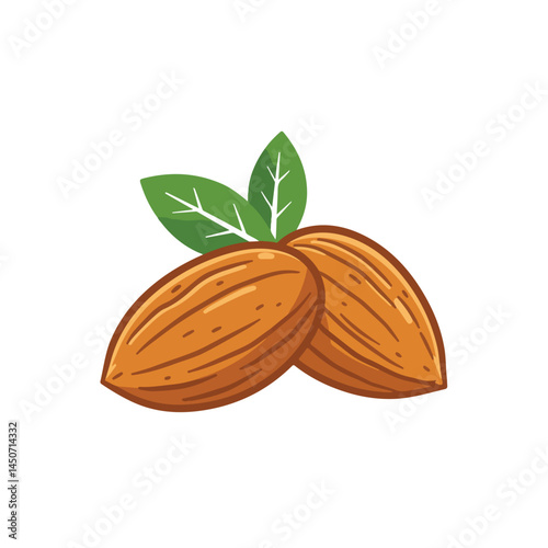 This illustration depicts two tan-colored almonds side-by-side, embellished with a duo of green leaves to give a sense of freshness and natural wholesomeness.
