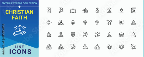 Christian Faith icon set. Pack of spirit, religion, catholicism, ritual, easter, religious, catholic and more. Christian Religion line icon set. Editable stroke. Pixel Perfect.