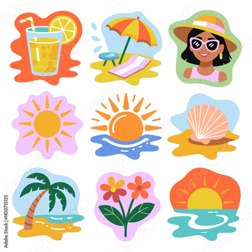 Brightly colored icons represent summertime activities, including a refreshing drink, beach setup, and sunbathing