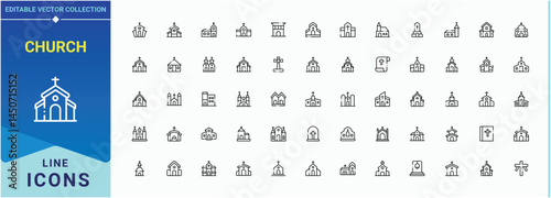 Church modern icon set. Containing christian, cross, christ, building, temple, sanctuary and more. Faith icon. Minimal linear icons set. Vector illustration in modern line style.