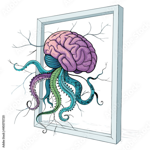 A human brain grotesquely transforms into pulsating, fleshy tentacles bursting from a cracked skull.  Focus on detail and biomechanical horror.