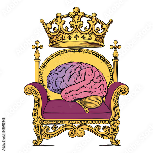 A majestic brain, crowned, sits upon a golden throne within a lavish, ornate royal chamber.  Intricate details are crucial.