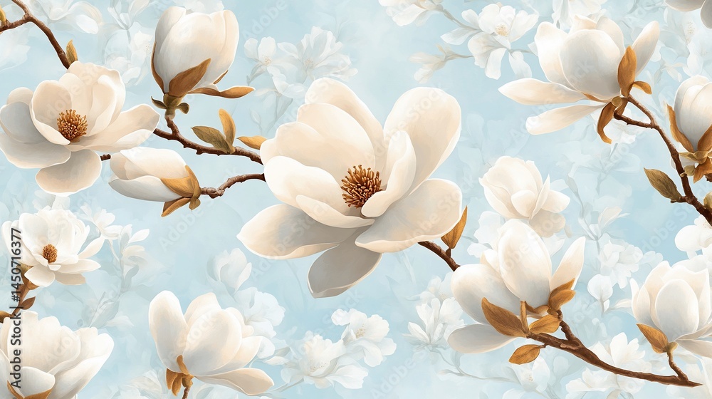Elegant magnolia blooms against serene blue Elegant magnolia blooms against serene blue