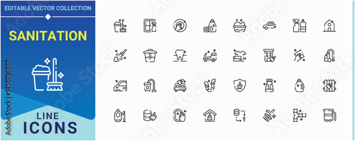 Set of Sanitation line icon. Contain linear sign disinfect, house clean, hygiene, sweep and more. Cleaning icon set. Minimalist icons collection. Editable vector stroke.