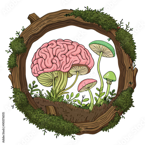 Surreal artwork depicting a human brain nestled within a mossy forest, sprouting vibrant mushrooms. Focus on intricate detail & bioluminescent fungal elements.