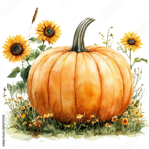 Fall Pumpkin With Sunflowers, vector watercolor illustration, isolated on a white background.