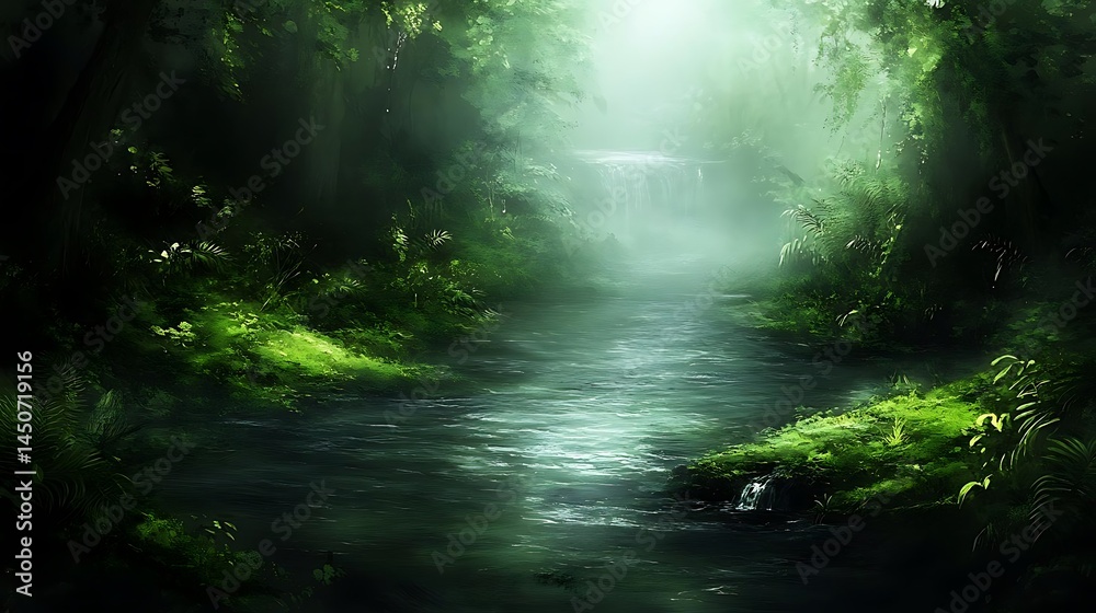 Obraz premium Misty forest stream, waterfall background, nature scene