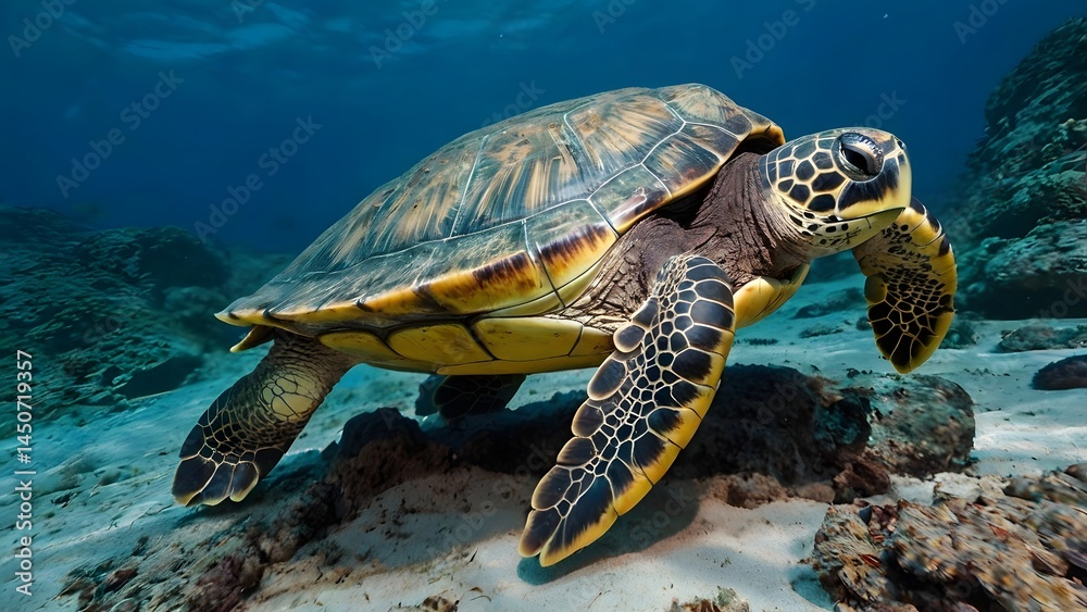 Obraz premium Turtle walking under the sea. 