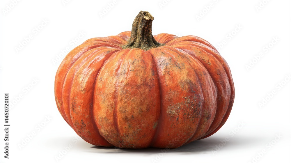 Fototapeta premium A single, ripe pumpkin sits on a white background. Its orange skin shows signs of age, adding to its rustic charm.