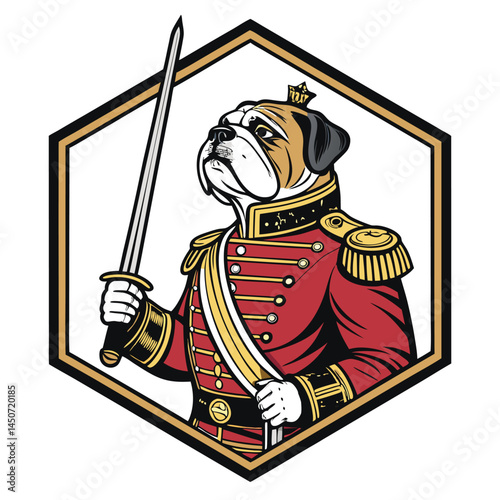 A majestic bulldog, proudly wearing a vibrant red Royal Guard uniform complete with a saber, stands majestically.
