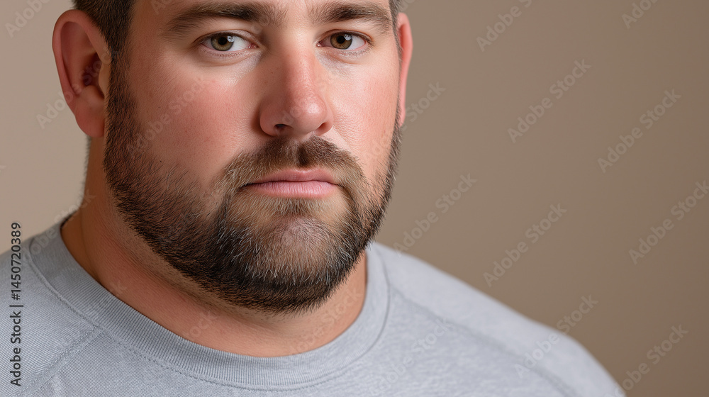 Fototapeta premium Overweight man in tight t-shirt on neutral background