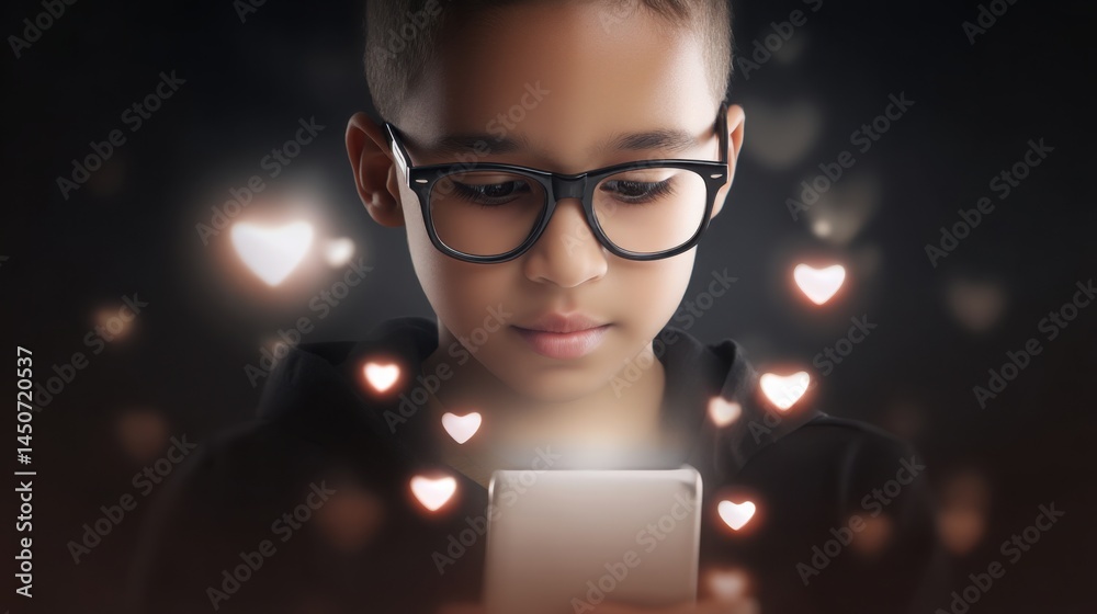 boy with glasses looking at smartphone, reflection in lenses shows flying hearts and like icons boy with glasses looking at smartphone, reflection in lenses shows flying hearts and like icons