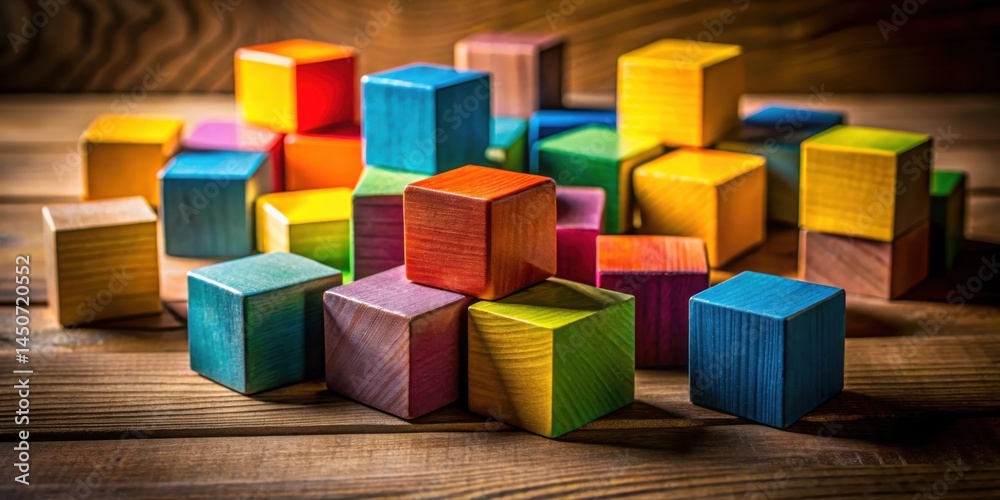 Obraz premium A colorful arrangement of wooden blocks on a rustic wood surface, showcasing a vibrant spectrum of colors and textures.