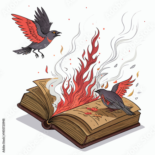 A fiery book engulfed in flames, its pages transforming into a flock of brown birds taking flight. Surreal, magical realism.