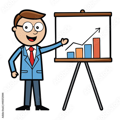 Cartoon businessman presenting growing sales charts on a whiteboard