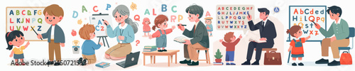 a little boy learning alphabet with teacher style vector flat design