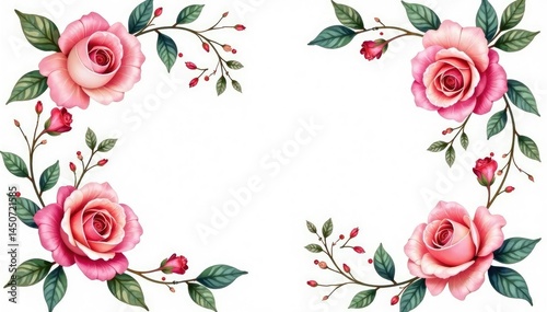 Delicate watercolor roses & leaves, repeating design, spring, pink, repeat pattern