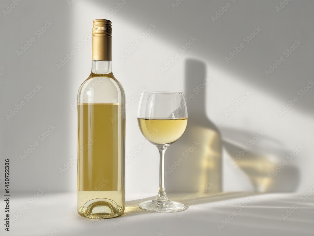 Fototapeta premium Elegant White Wine Still Life with Bottle and Glass in Soft Light and Shadow Play on White Backdrop