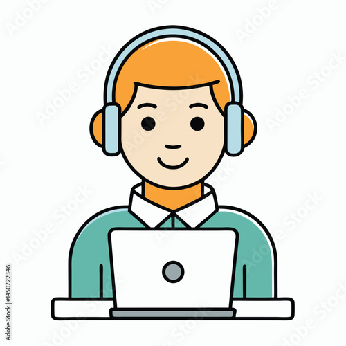 Cartoon customer support representative with headphones and laptop illustration