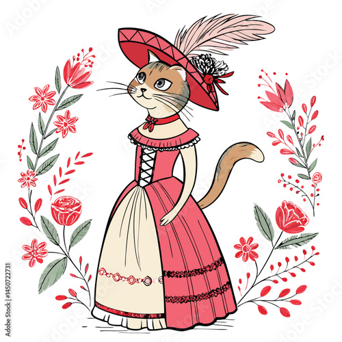 A regal cat, elegantly posed, wearing a miniature Victorian-era corseted dress adorned with delicate feathers.  High-quality, detailed image.