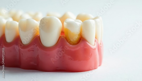 Extreme close-up, decayed tooth detail, white background , gum inflammation, gingivitis
