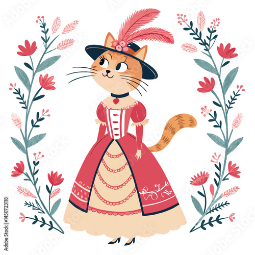 A fluffy cat elegantly posed in a miniature Victorian-style corseted dress, complete with a feathered hat.  High-resolution, detailed rendering.