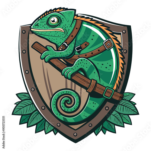 A vibrant chameleon, clad in miniature royal archer's leather armor and holding a tiny bow and arrow, perched on a branch.