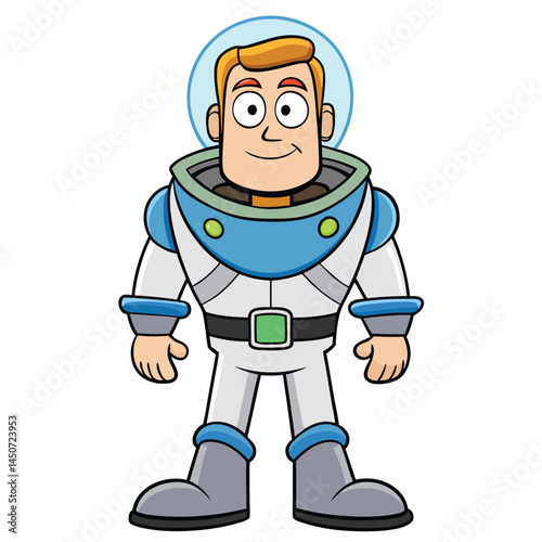 Cartoon spaceman character illustration wearing futuristic blue and white spacesuit