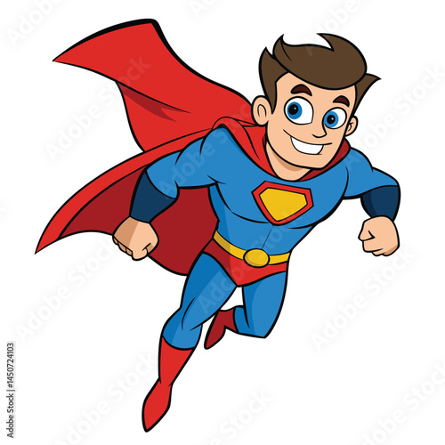 Cartoon superhero flying confidently wearing cape and costume illustration for children