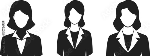 Collection of Three Female Business Avatars in black and white, professional women in formal suits, Isolated
